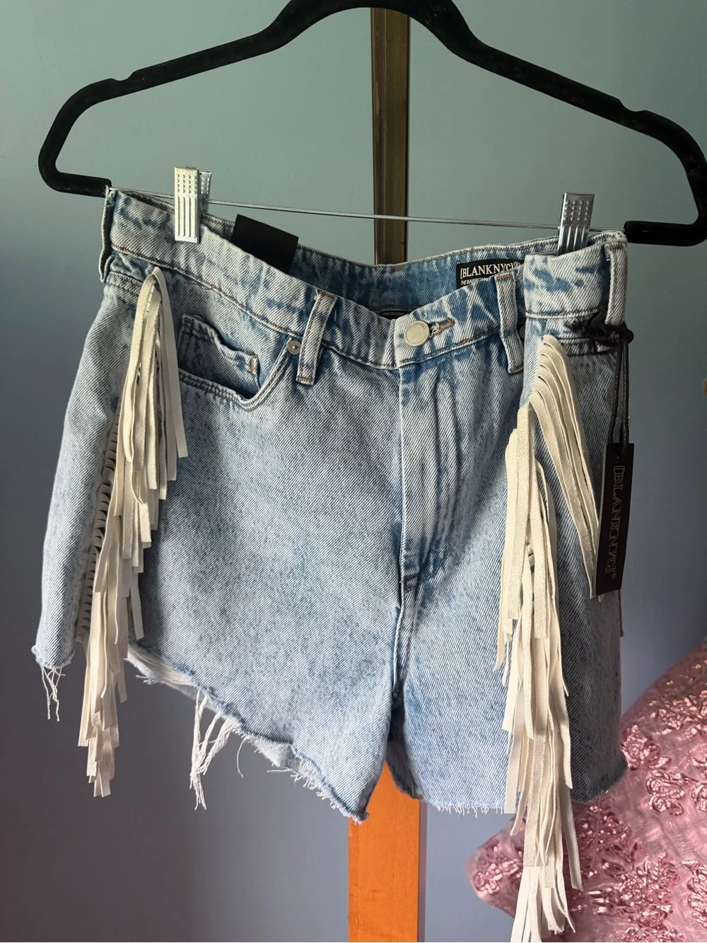 Blank NYC  the Barrow Light Wash Denim Shorts with White Fringe western festival